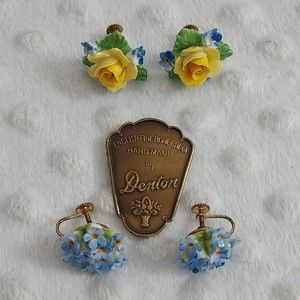 Vintage 1940's Denton Hallmarked Earrings Lot Bone China Lot Original Sticker 2